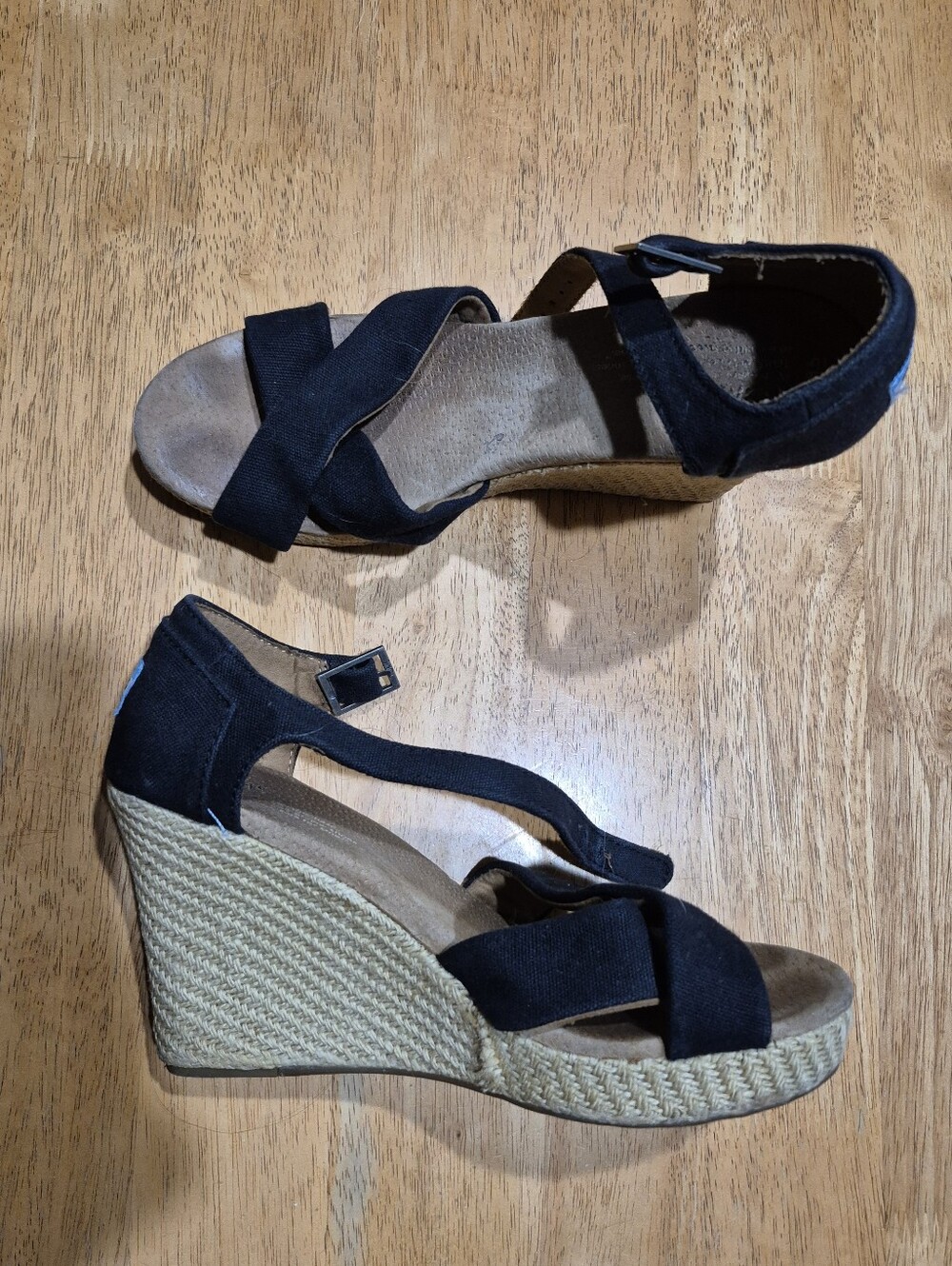 Toms Black Espadrille Wedge Sandals with Ankle Strap